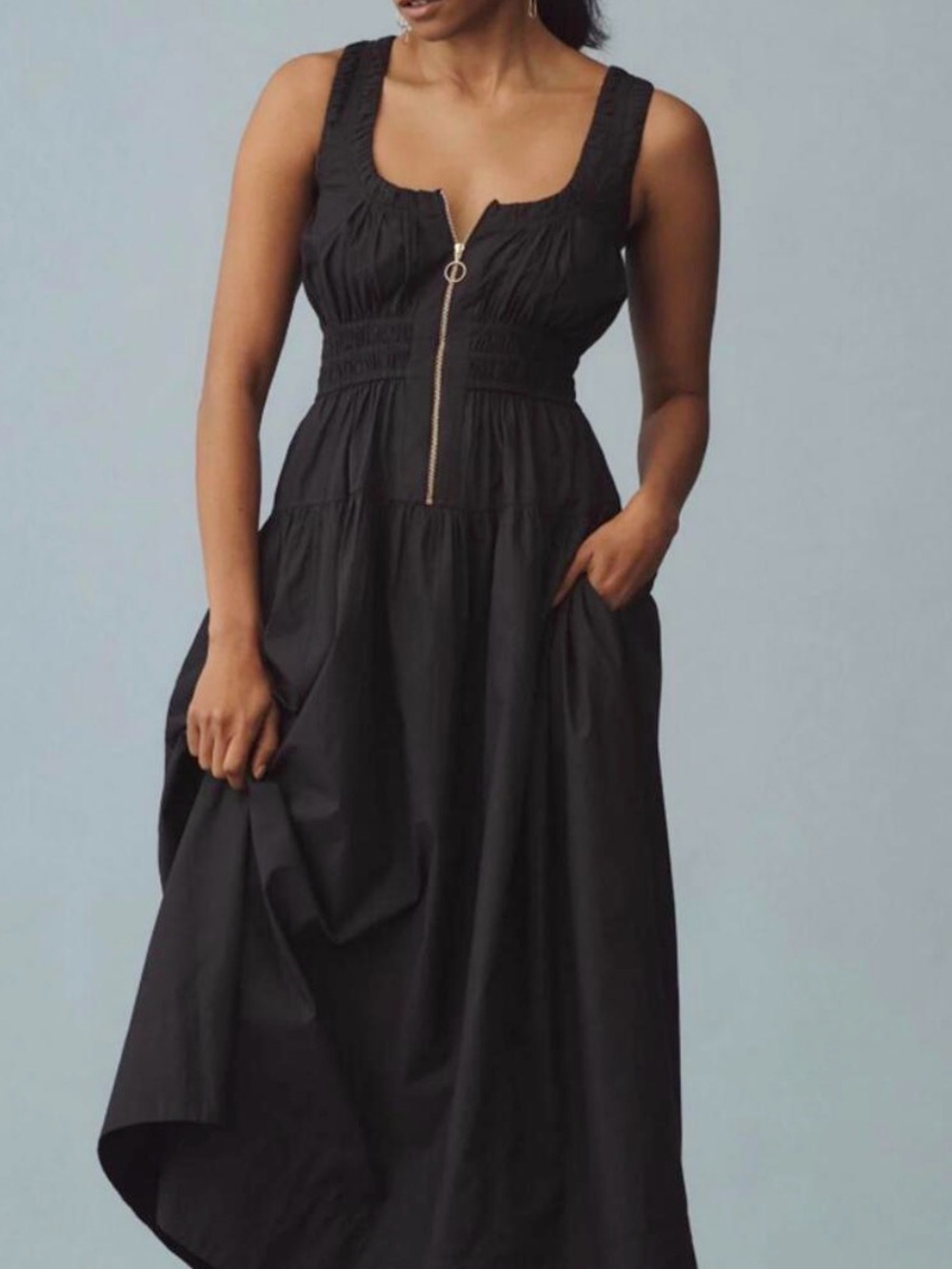 The Tommie Sleeveless Smocked Front-Zip Tank Dress by Anthropologie